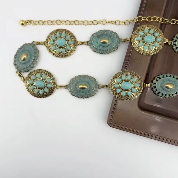 Vintage Bohemian Turquoise Stone Medallion Link Belt – Adjustable main image 5